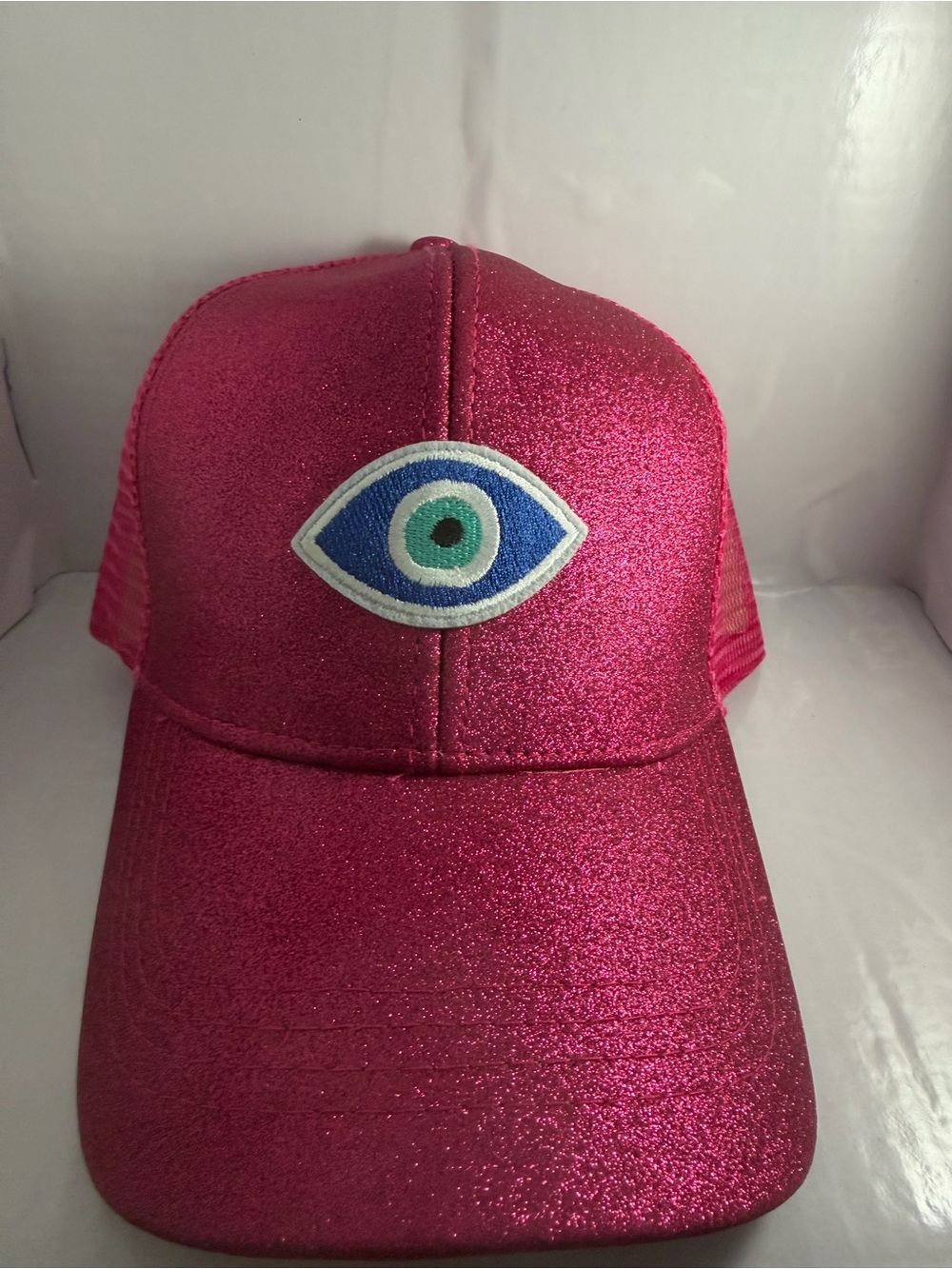 Sparkly Pink Trucker Hat with Eye Patch